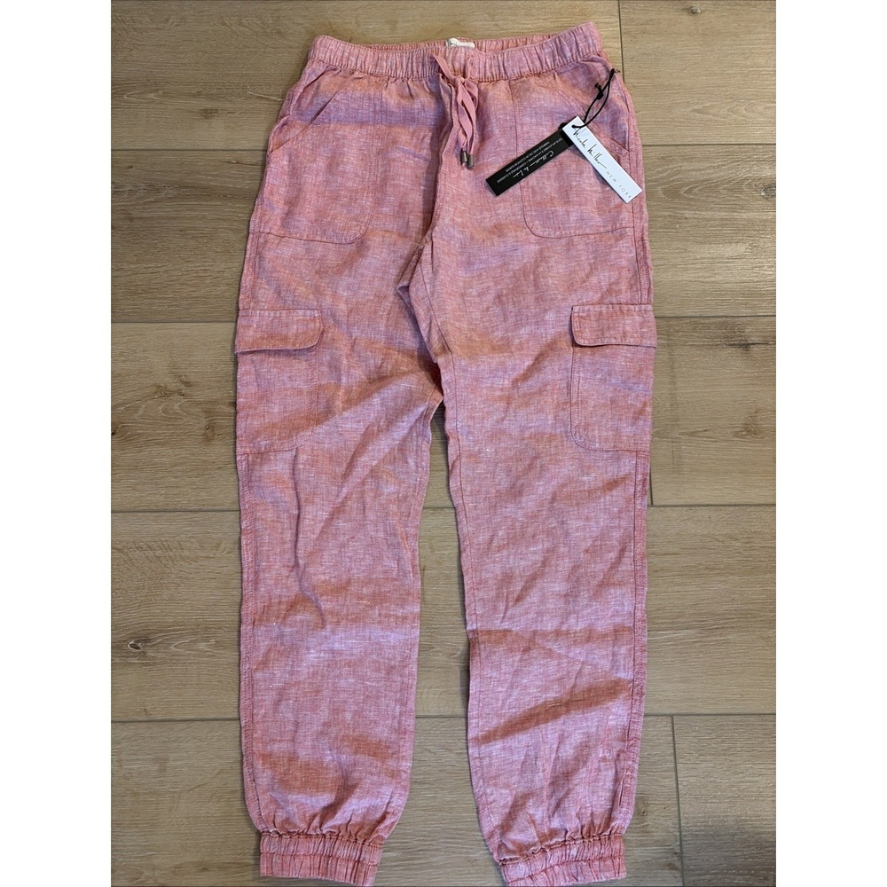 Nicole Miller 100% Linen Cargo Jogger Pants Womens Medium Pink Utility High Rise